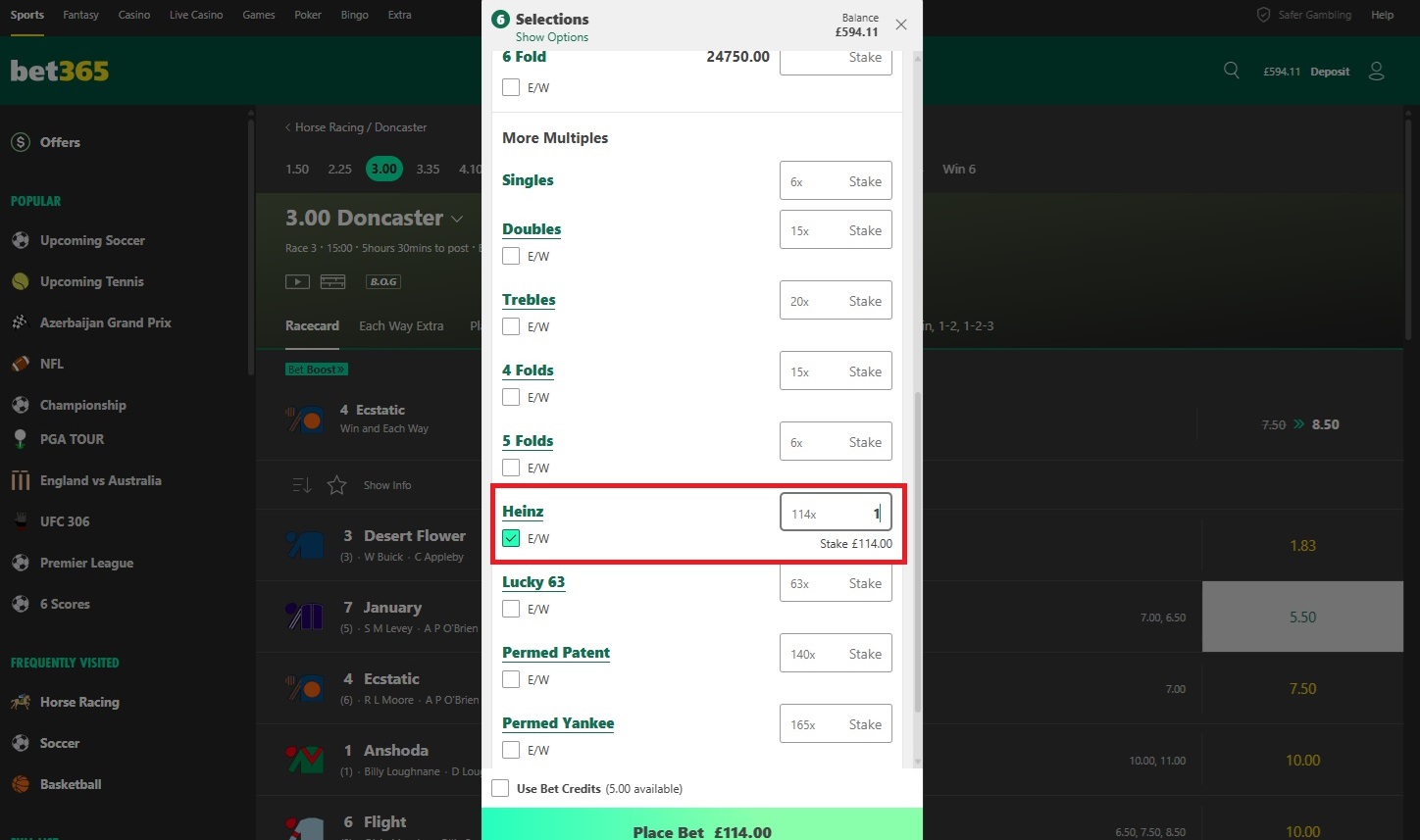  a bet365 bet slip for Doncaster races with 6 horses added and the Heinz bet and each way box ticked